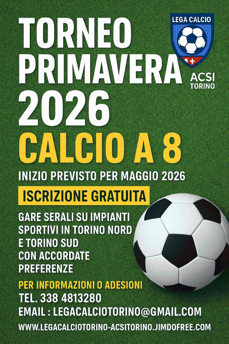 Torneo di calcio a 8 "Primavera 2026" in Torino con iscrizione gratuita