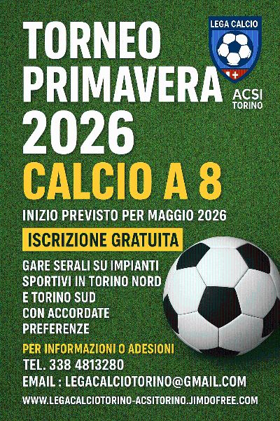 Torneo di calcio a 8 "Primavera 2026" in Torino con iscrizione gratuita