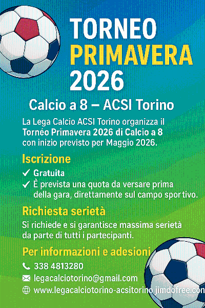 Torneo di calcio a 8 "Primavera 2026" in Torino con iscrizione gratuita